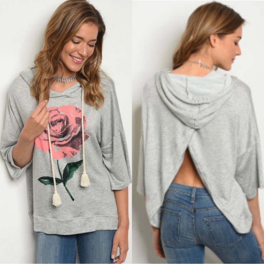 HUMMING BIRD hoodie GRAY WITH ROSE PRINT TOP  size M made in USA